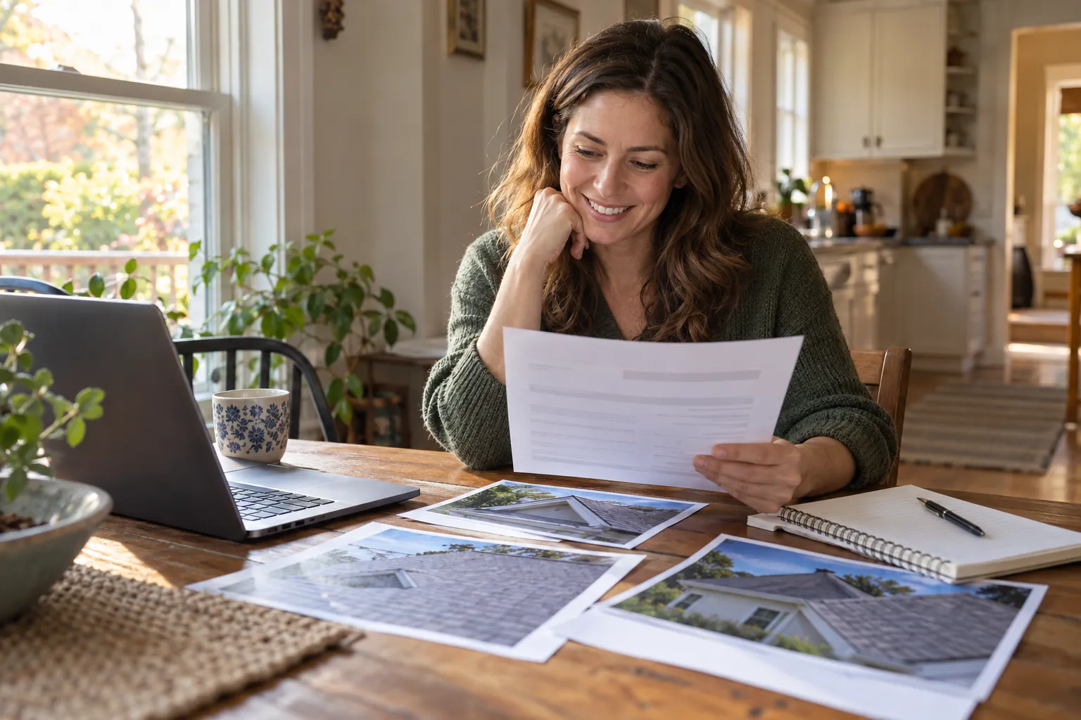 A homeowner reviewing a written roofing quote at the kitchen table