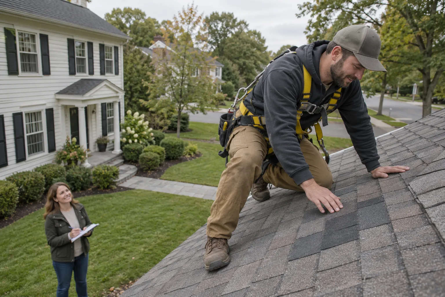 A local roofing provider inspecting shingles on a home in Baltimore while a homeowner looks on from the yard