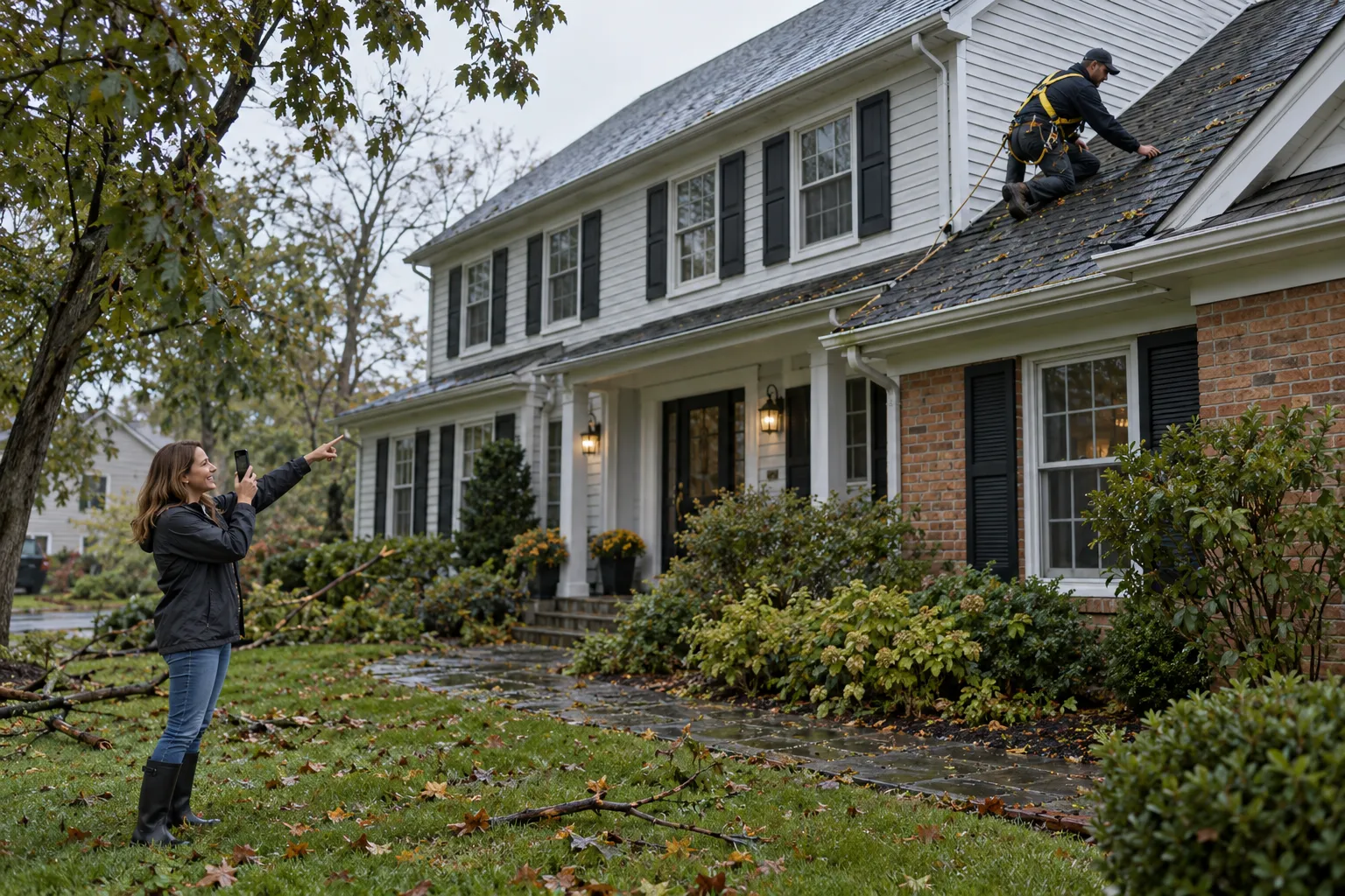 Local roofing provider inspecting hail-damaged shingles on a home in Baltimore after a storm